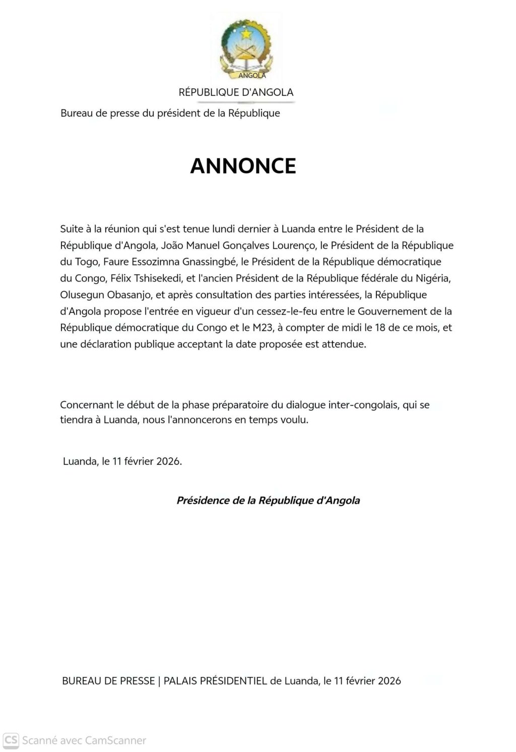 NOTA DE IMPRENSA - PROPOSTA DE ENTRADA EM VIGOR DE CESSAR-FOGO ENTRE A RDC E O M23(1)